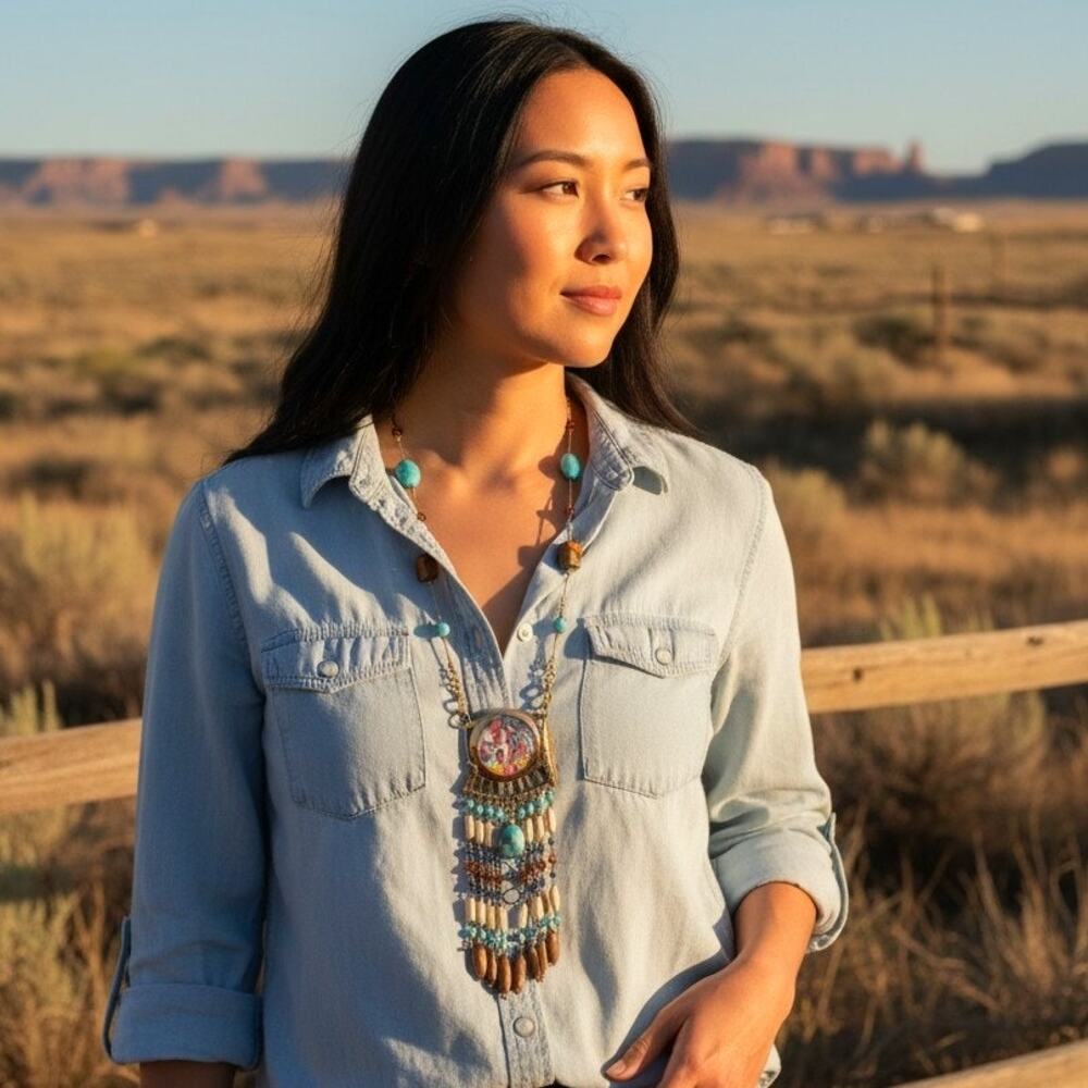 Handcrafted Southwestern Boho Necklace Turquoise Tiger’s Eye Fringe 30”